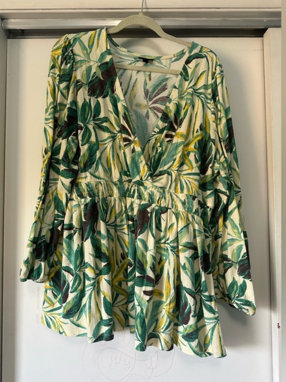 torrid Green and Yellow Leaf-Print V-Neck Peplum Tunic